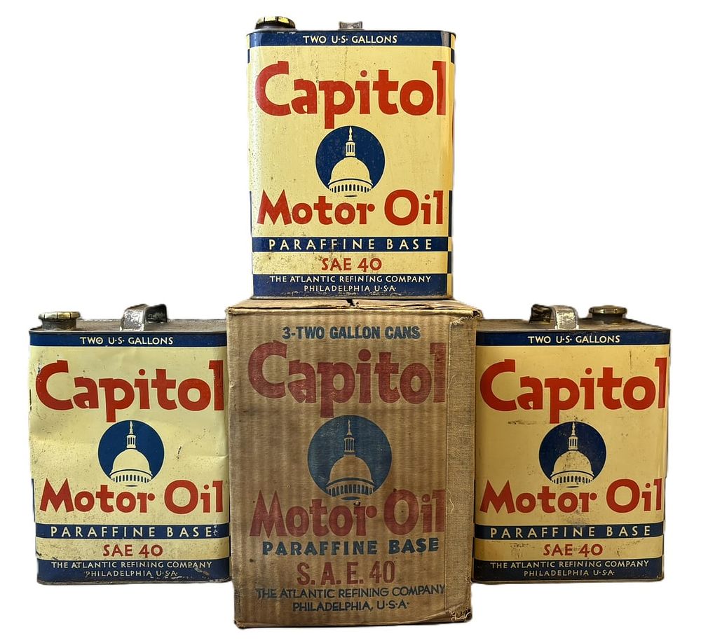 Lot 214B: Lot 3 Capitol Motor Oil 2 Gallon Atlantic Cans w/ Original Box
