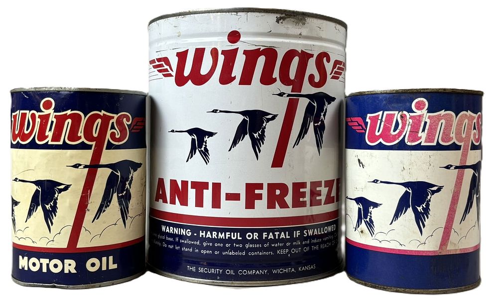 Lot 215: Lot 3 Original  Wings Cans 2 Full Motor Oil Quarts & 1 Gallon Anti Freeze