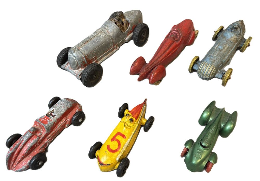 Lot 235B: Lot 6 Original 30s-40s Cast Aluminum Plastic Rubber Race Cars
