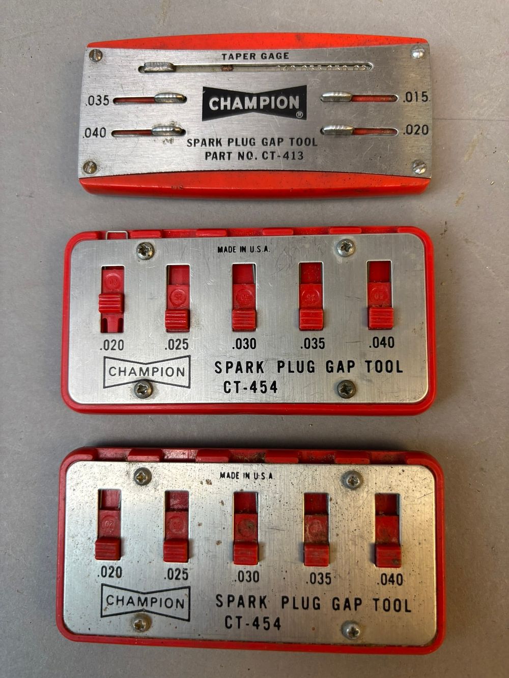 Lot 250B: 3 1960s Champion Spark Plug Gap Tool Part 413 454