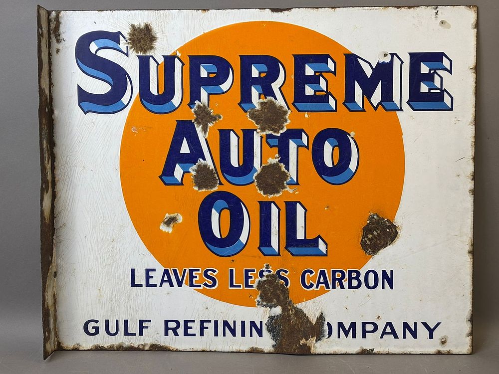 Lot 266B: Gulf Supreme Auto Oil DSP Porcelain Flange Gas Station Sign