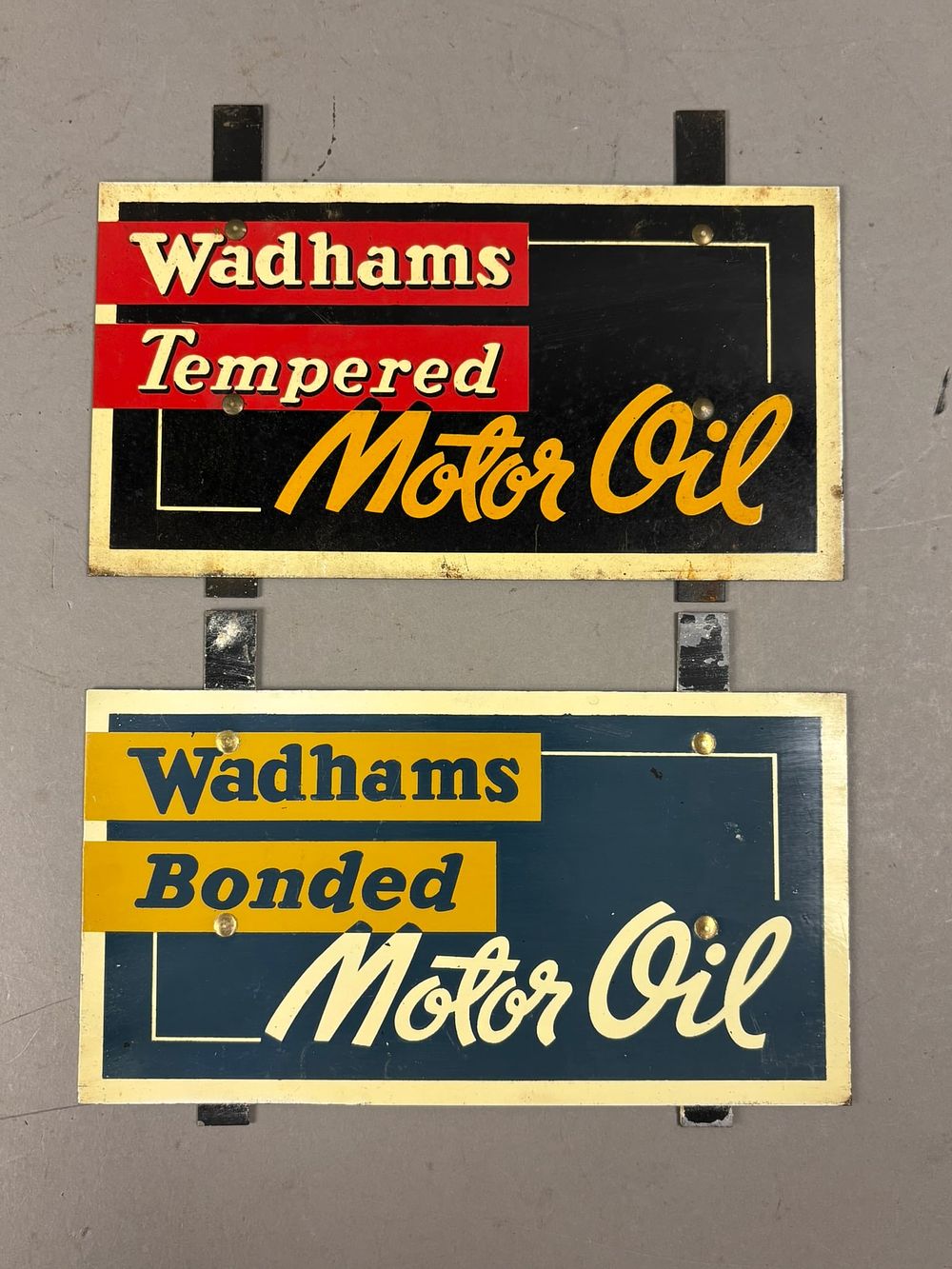 Lot 272: Pair Wadhams Tempered & Bonded Motor Oil Pair Oil Rack Signs
