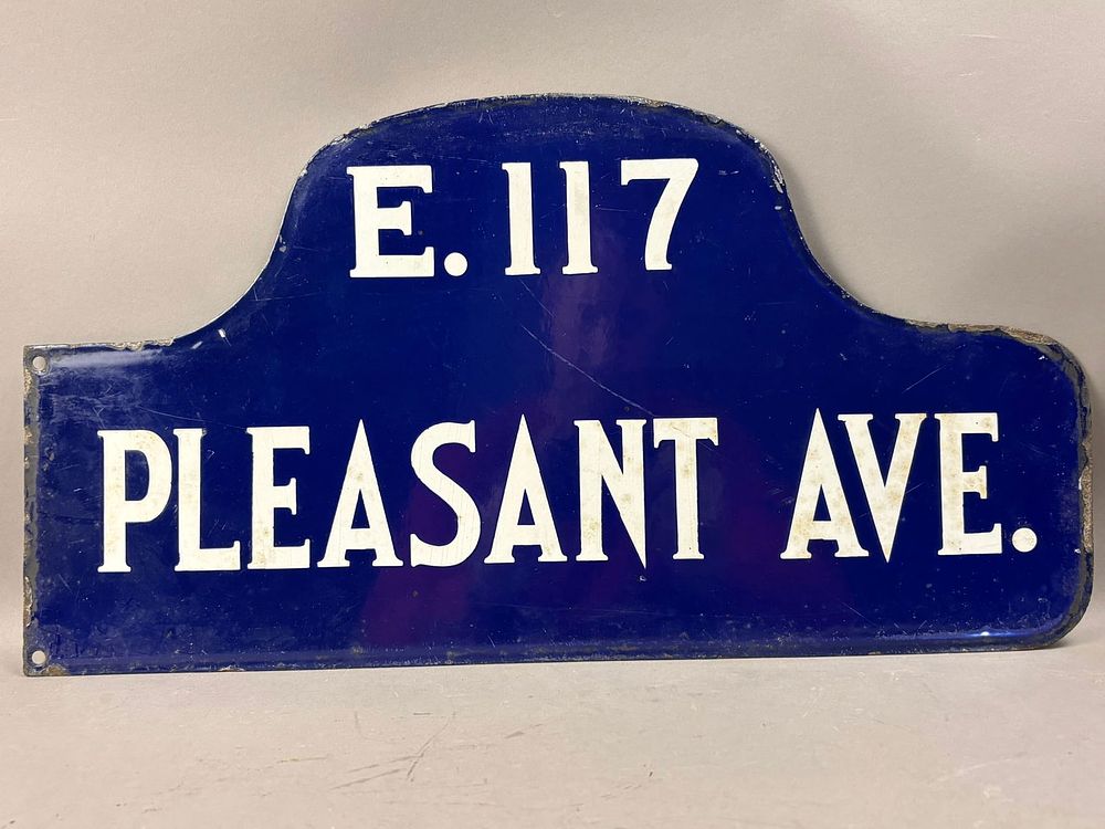Lot 278: Original E. 117 & Pleasant Avenue 1920s DSP Porcelain Street Sign