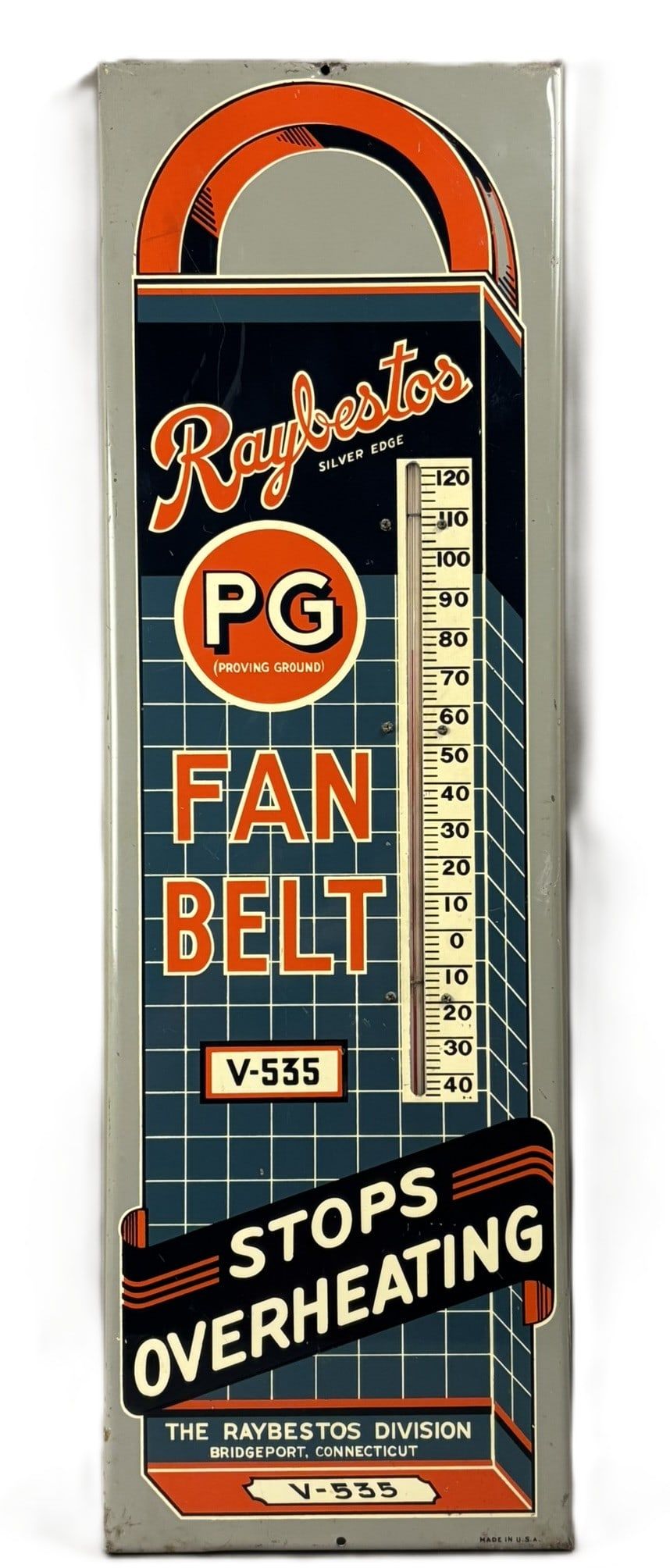 Lot 280: Raybestos PG Fan Belt Original 1930s Metal Advertising Thermometer