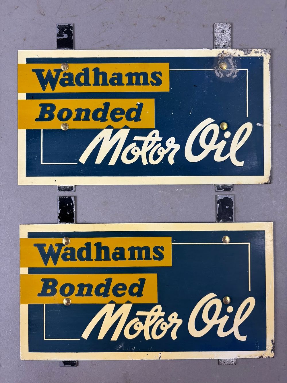 Lot 283: Wadhams Bonded  Motor Oil Pair Oil Rack Signs Blue Yellow