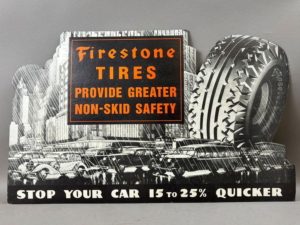 Lot 285: Firestone Tires Non Skid Safety Original 1930s Cardstock Advertising Sign