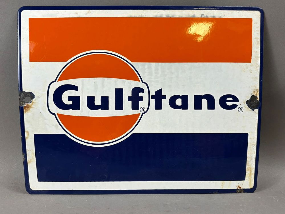 Lot 287: Gulftane Original Gulf Oil SSP Gas Pump Plate Sign