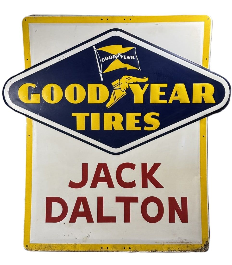 Lot 288: Goodyear Tires Embossed 42" 1950s Jack Dalton Store Advertising Sign