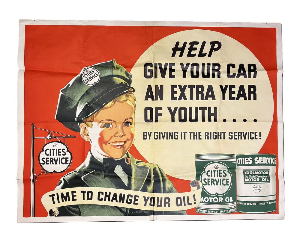 Lot 306: Cities Service Motor Oil 40s-50s Poster Advertising Sign w/ Boy Attendant