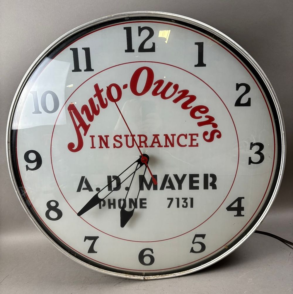 Lot 312: Auto Owners Insurance A.D. Mayer Michigan 18" Advertising Clock by Lacker