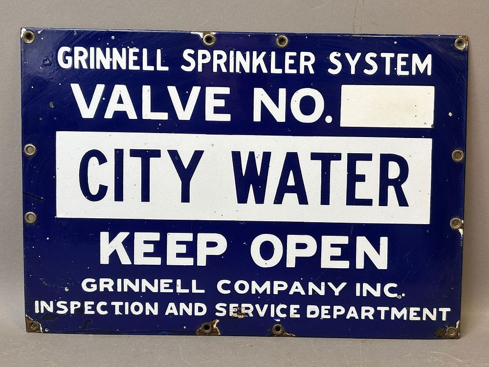 Lot 315B: Grinnell Co Valve No City Water Original SSP Porcelain Sign
