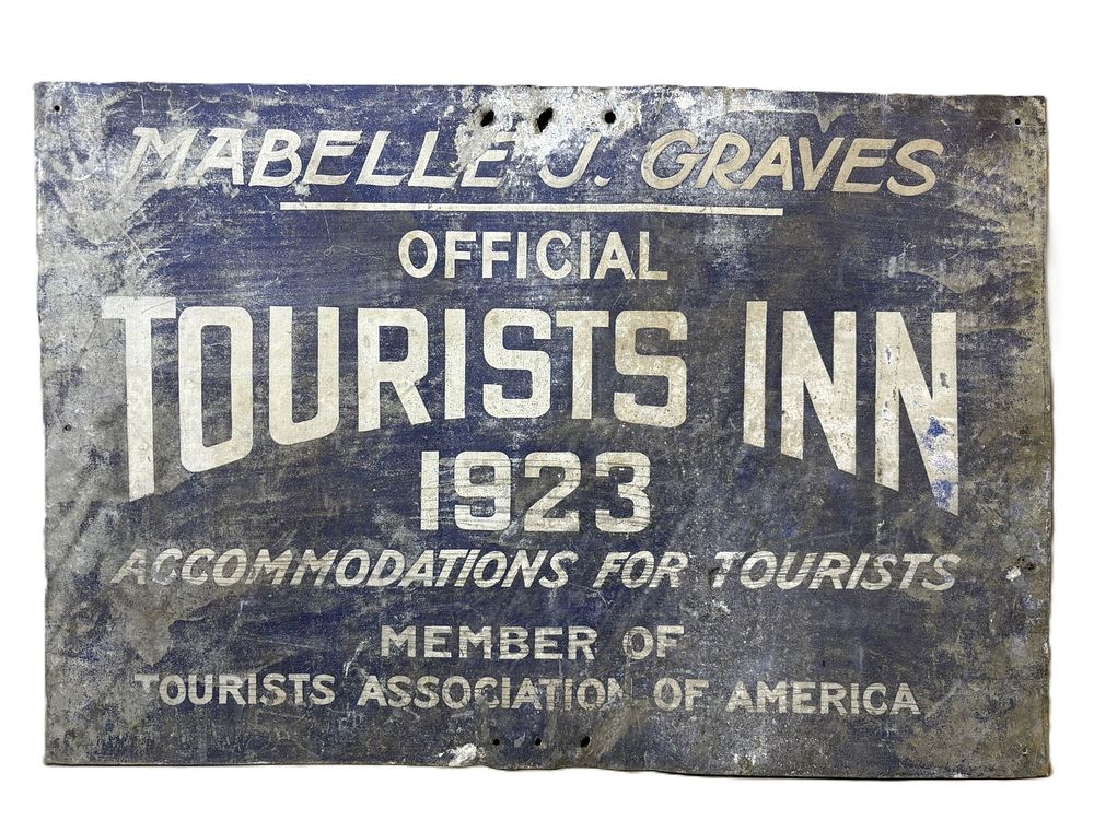 Lot 320C: 1923 Official Tourists Inn Mabelle J Graves Painted Metal Advertising Sign