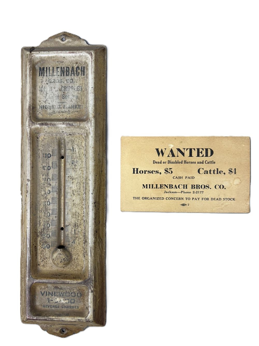 Lot 323: Millenbach Bros Michigan Dead or Disabled Horses & Cattle Thermometer & Paper Advertising
