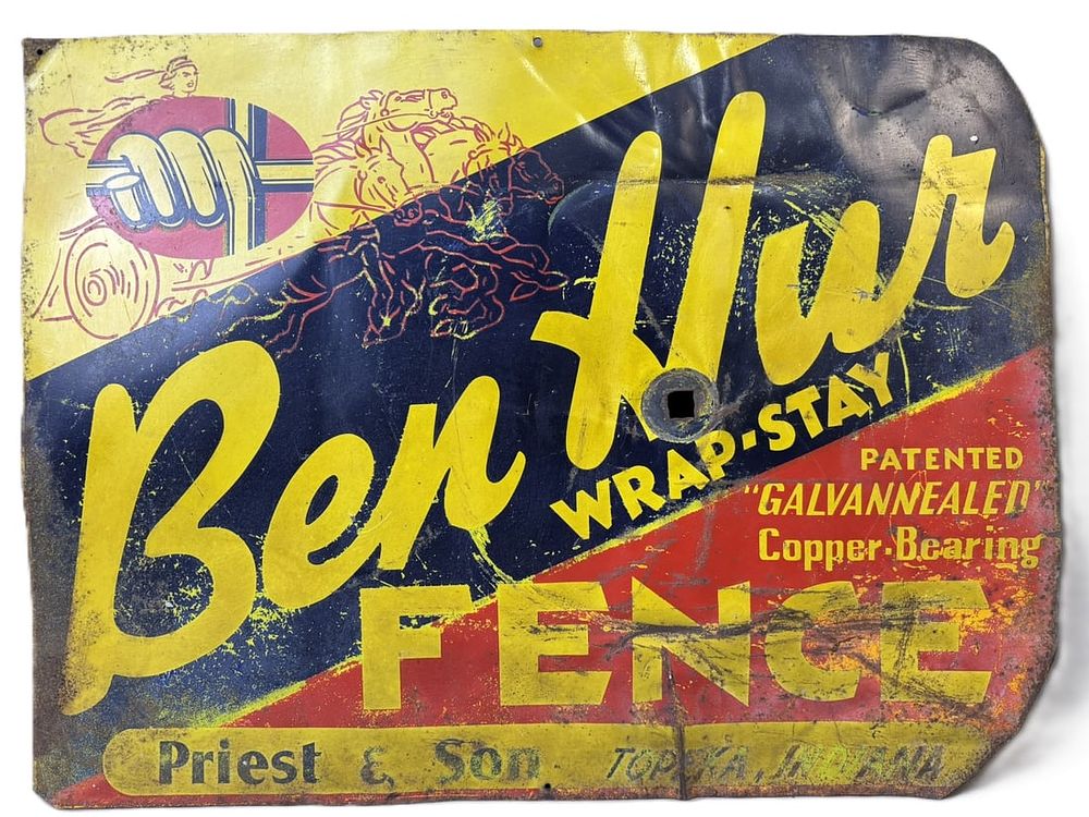 Lot 323F: Ben Hur Fence Priest & Son Topeka Indiana SST Painted Metal Sign