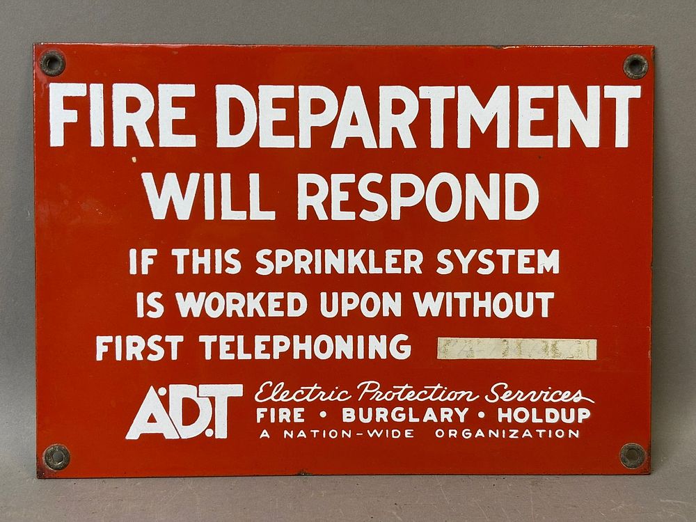 Lot 323G: Fire Department Will Respond ADT SSP Porcelain Advertising Sign