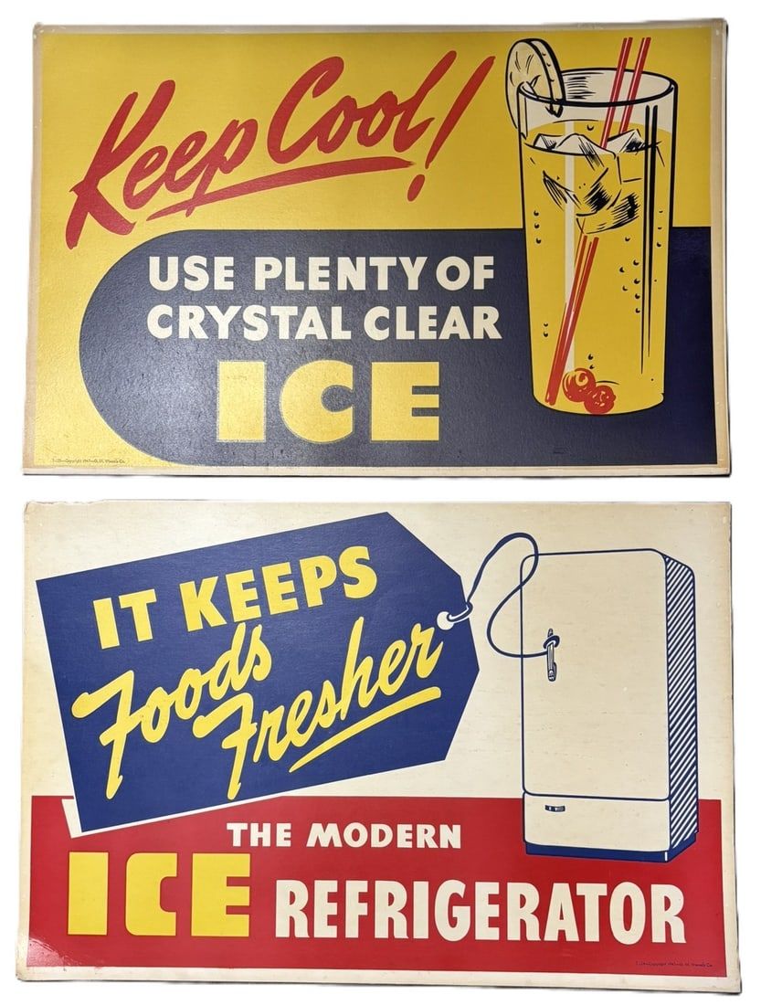 Lot 338: Pair 1947 Keep Cool & Foods Fresher Cardstock Refrigerator Signs