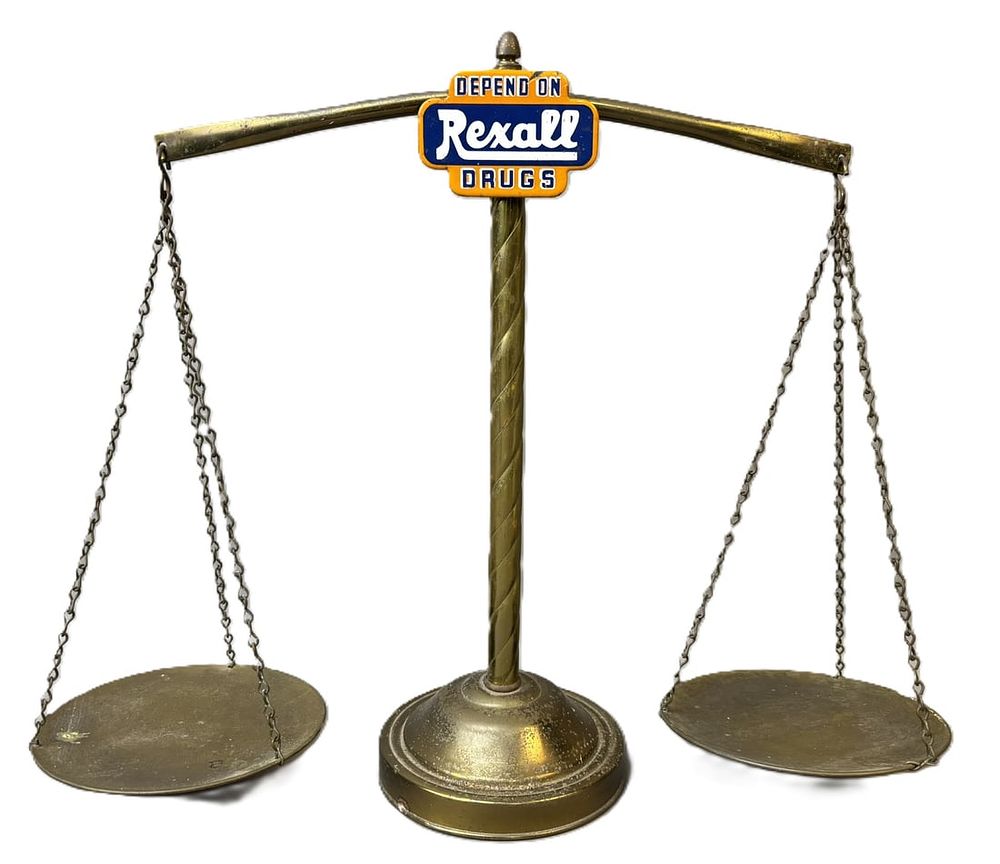 Lot 340: Depend On Rexall Drugs Original 1940s Brass Store Display Scale & Porcelain Sign