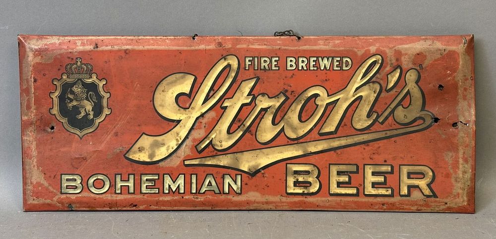 Lot 358B: Strohs Bohemian Beer Celluloid Over Cardboard Original 1920s Sign