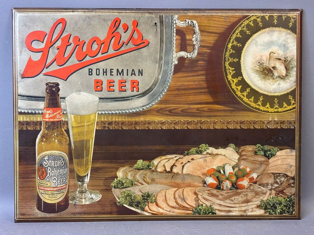 Lot 359B: Strohs Bohemian Beer Tin Over Cardboard Original 1940s Sign