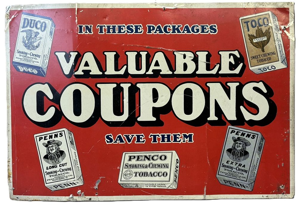 Lot 370: DUCO Valuable Coupons Penns & Penco Smoking Chewing Tobacco Sign