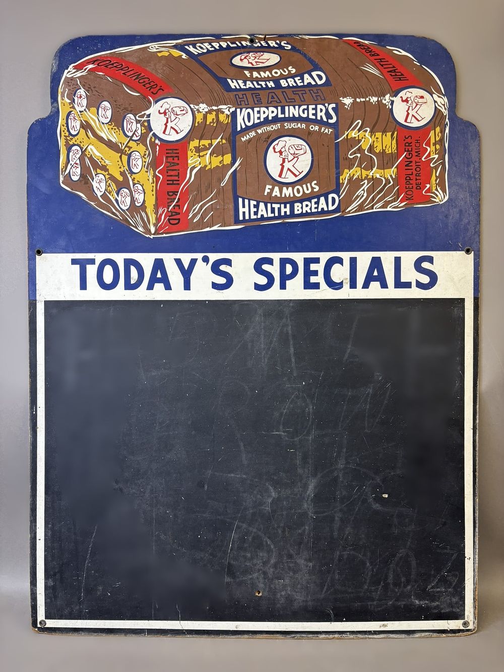 Lot 371: Koepplingers Famous Health Bread 1940s Masonite Chalkboard Sign Detroit Michigan