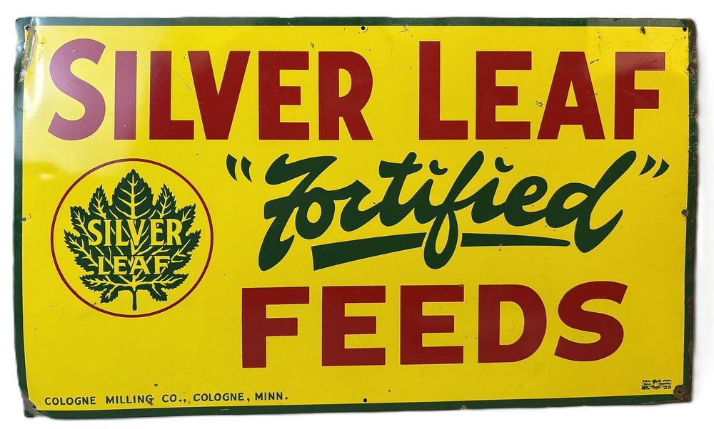 Lot 372B: Silver Leaf Fortified Feeds SST Tin Advertising Farm Sign