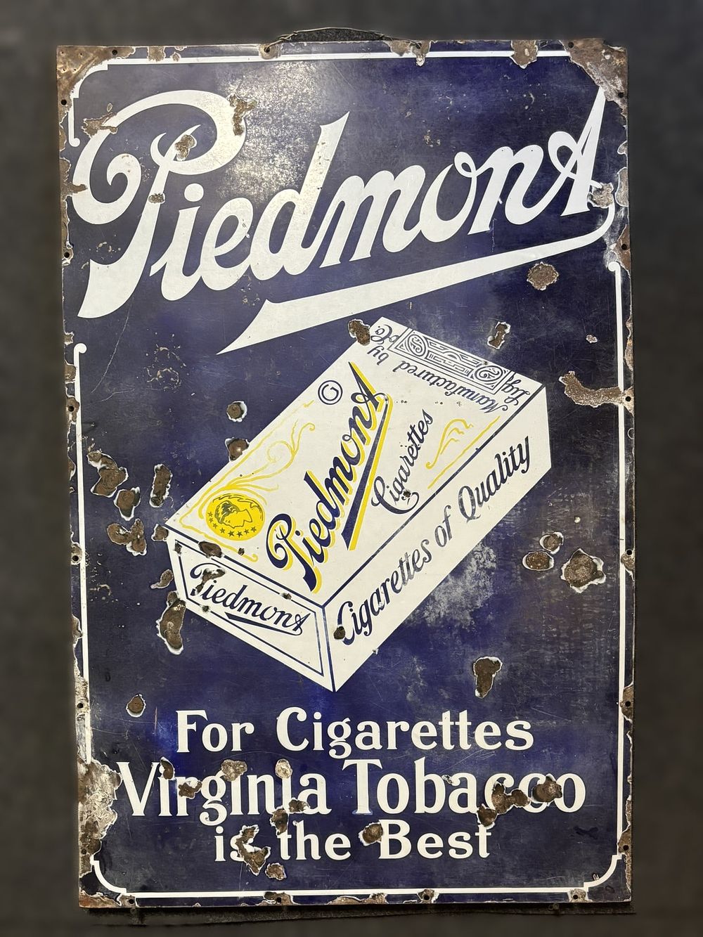 Lot 374: Piedmont Cigarettes Virginia Tobacco SSP Porcelain Advertising Sign