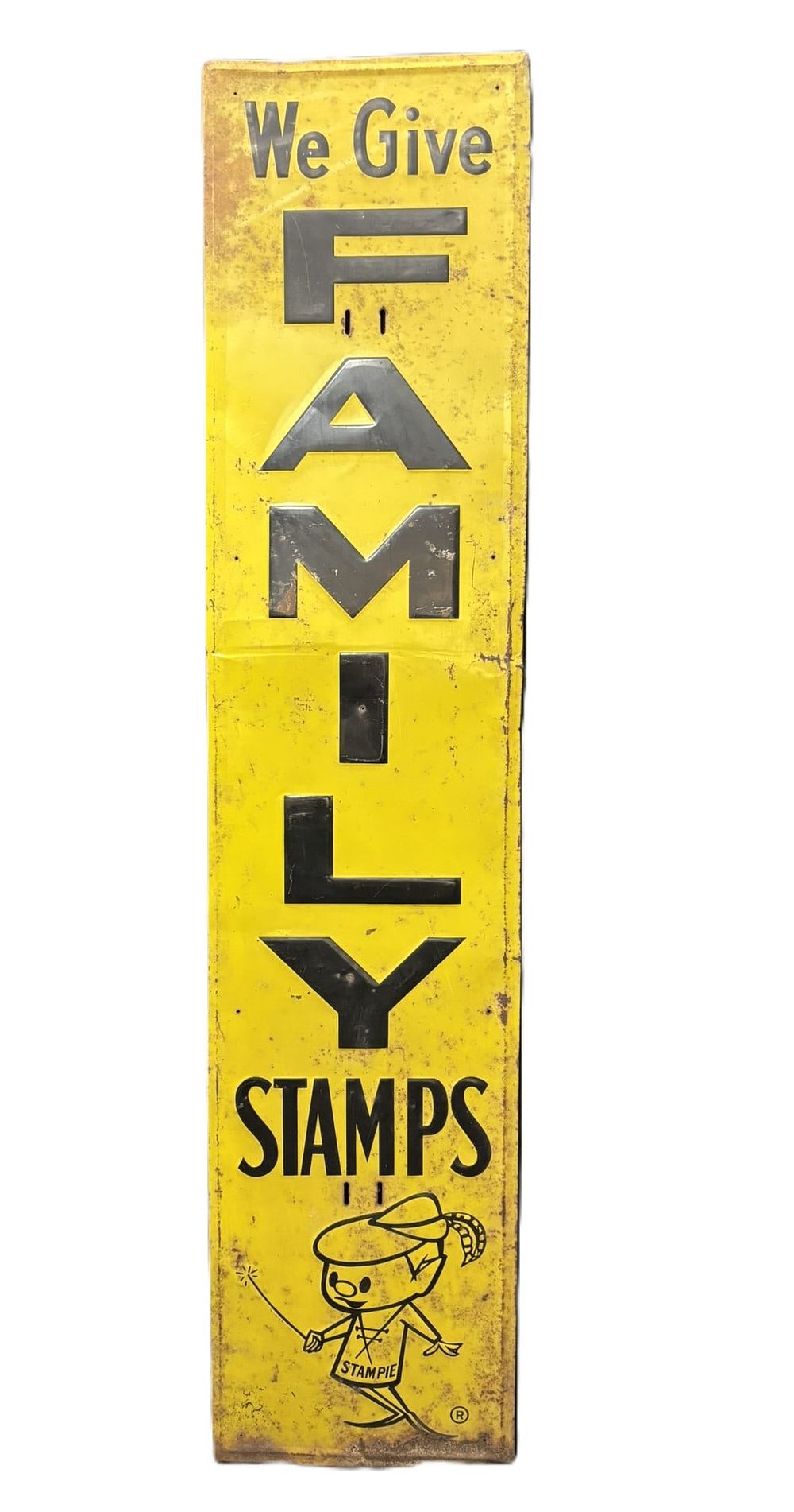 Lot 383: We Give Family Stamps SST Embossed Original Metal Sign