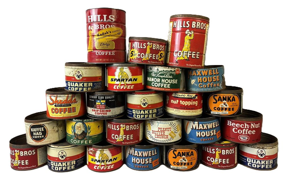 Lot 387: Lot 25 Original 1LB Coffee Can Tins Spartan Hills Maxwell Beech Nut & More