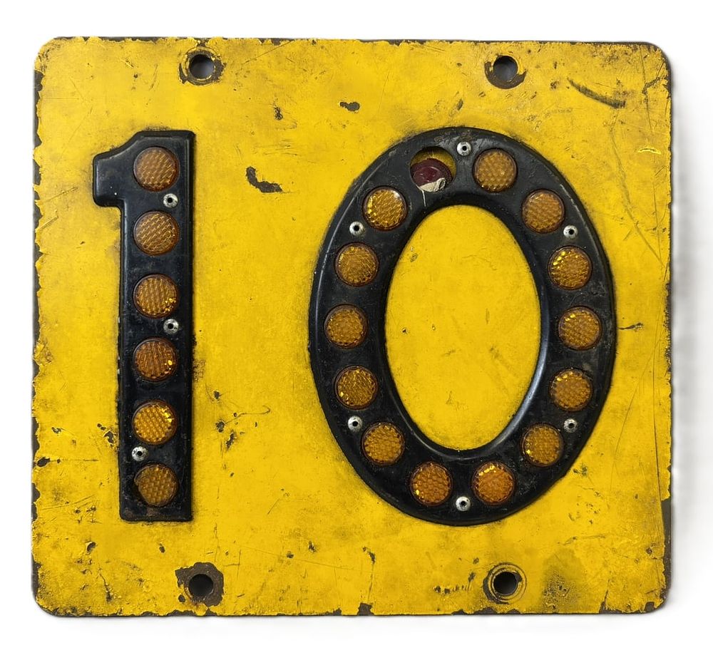 Lot 392: 10MPH Original Painted Metal Street Station Sign w/ Reflectors