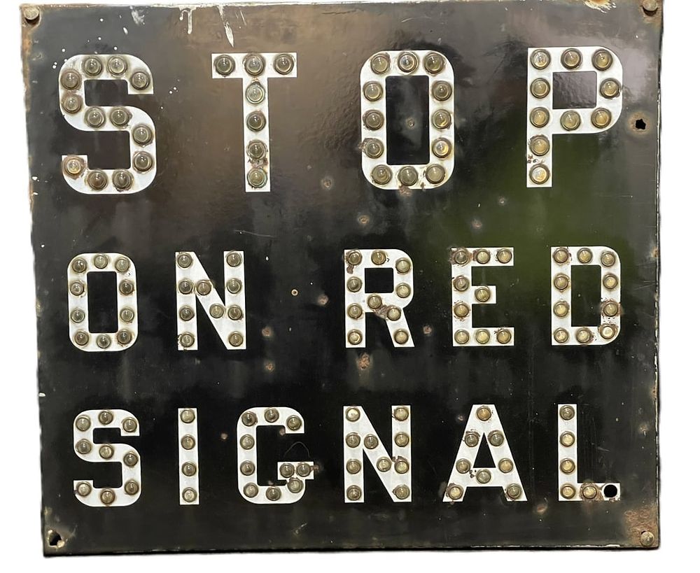 Lot 392B: Stop On Red Signal Original Railroad Locomotive Train Sign w/ Glass Marbles