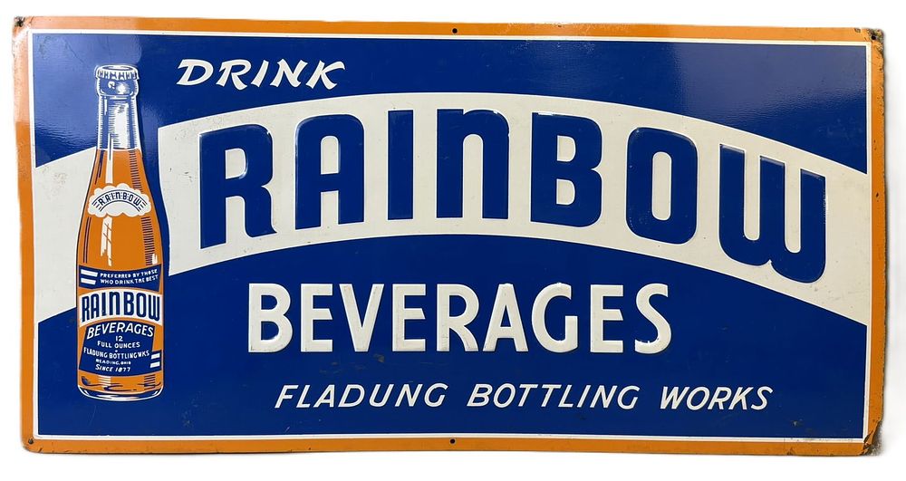 Lot 414: Drink Rainbow Beverages Fladung Bottling Works SST Embossed Sign