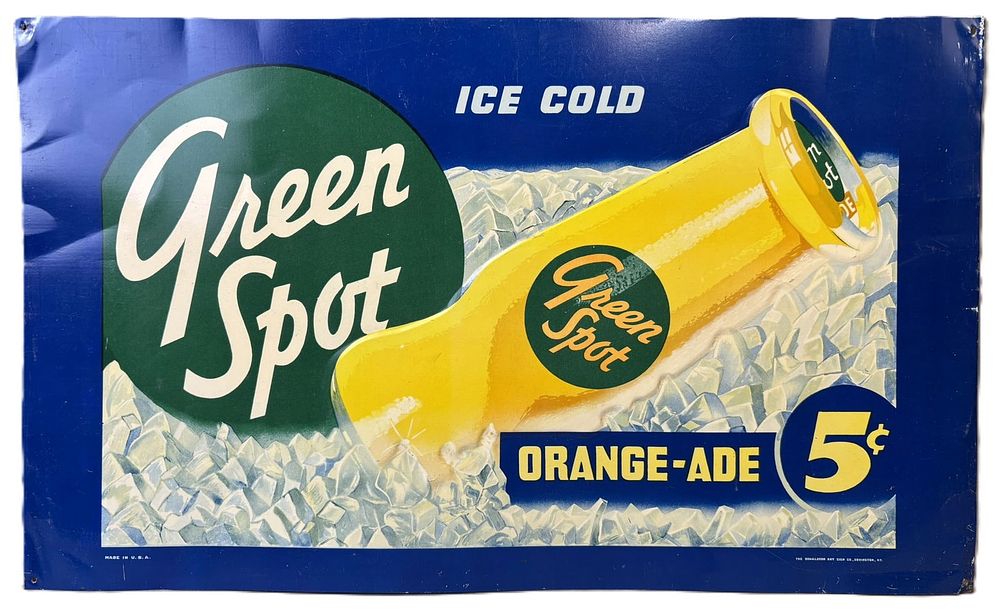 Lot 417: Green Sport Orange Ade 5 Cent SST Embossed Soda Pop Sign
