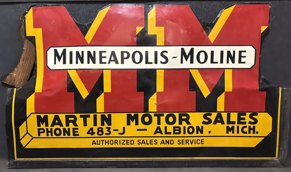 Lot 430: Minneapolis Moline Martin Motor Sales Albion Michigan Painted Metal Sign