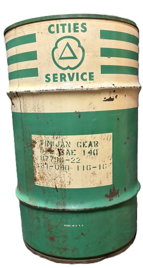 Lot 459: Cities Service Trojan Gear Oil 50lb Grease Barrel Metal Drum FULL