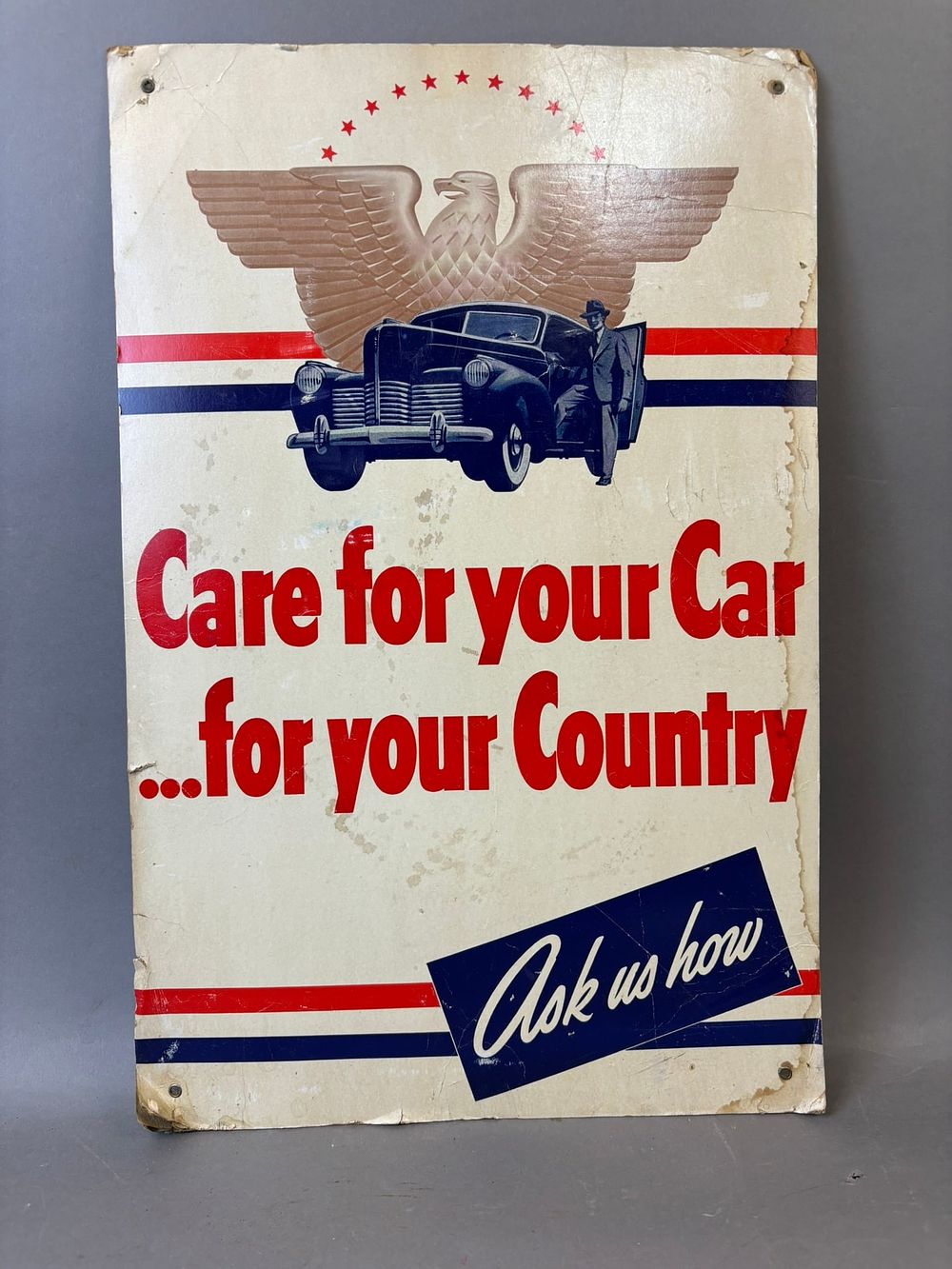 Lot 461: Care For Your Car For Your Country WW2 Cardboard Bond Car Sign