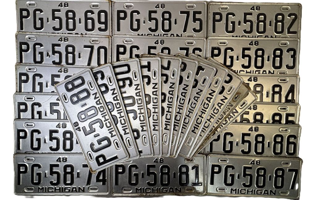 Lot 465: 29 Consecutive Michigan 1948 License Plates PG-58-69 to PG-58-98