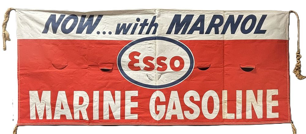 Lot 518: ESSO Marine Gasoline Now w/ Marnol NOS Canvas Banner Sign