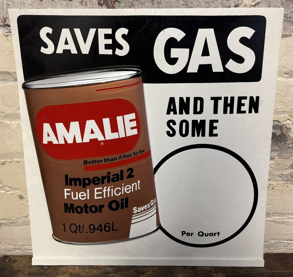 Lot 520: Amalie Saves Gas Embossed Vacuum Form Plastic Pricer Sign