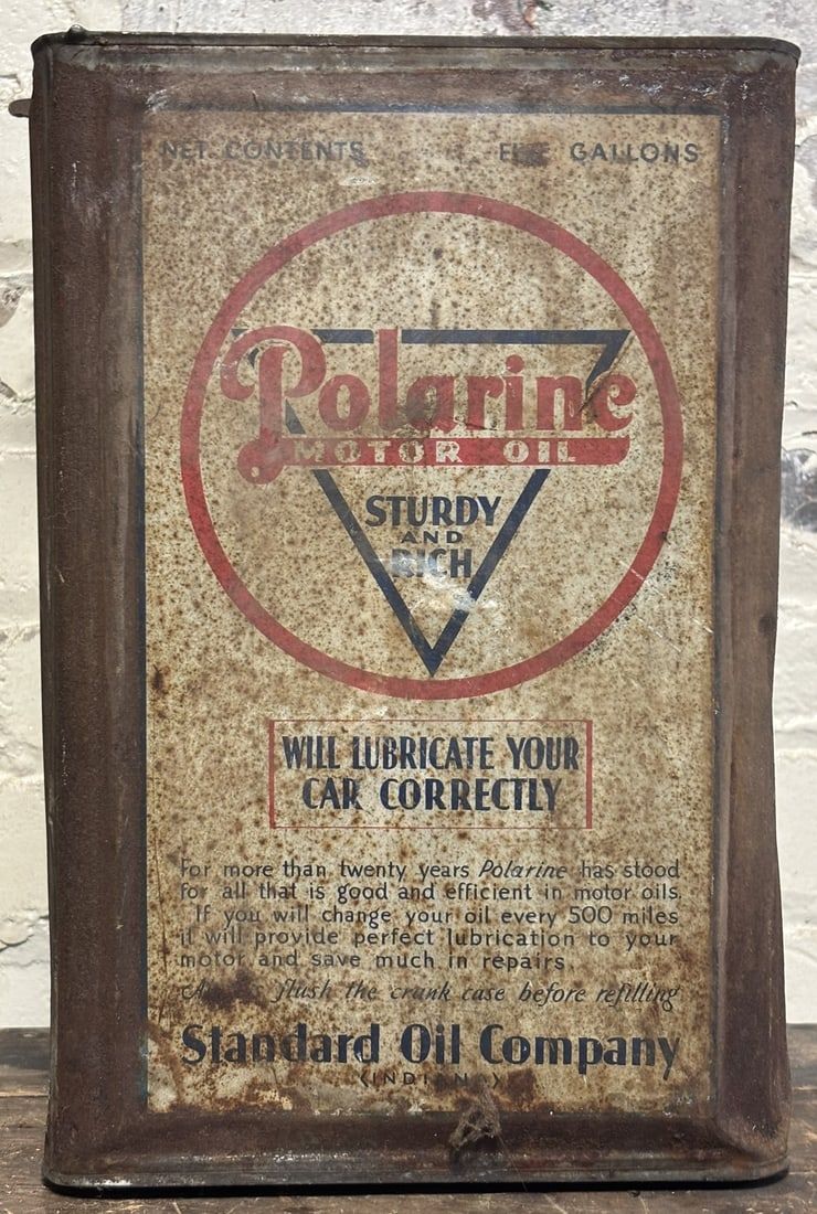Lot 522: Polarine Sturdy & Rich Motor Oil 5 Gallon Square Can Ca. 1920s