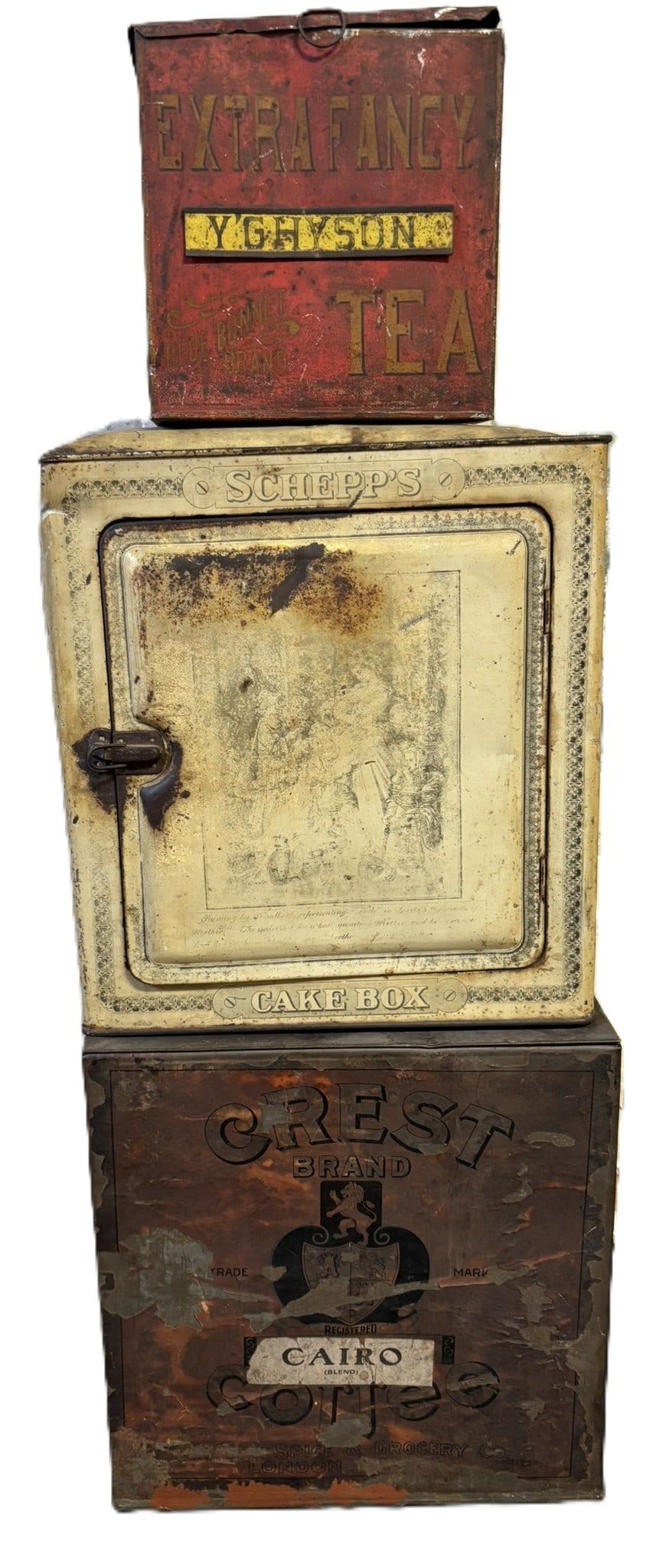 Lot 553: Lot 3 General Store Tins Crest Coffee Schepp's Cake Box & Tea