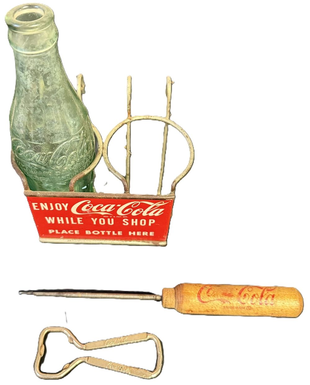 Lot 562: Coca Cola Lot Shopping Cart Bottle Holder Ice Pick & Opener