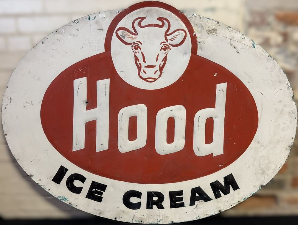 Lot 565: Hood Ice Cream Original SST Embossed Sign w/ Cow