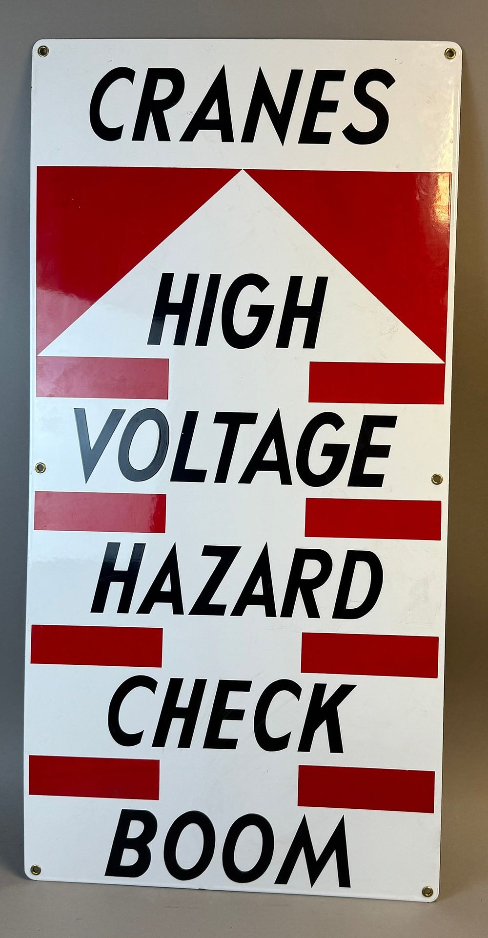 Lot 322E: High Voltage Hazard Check Boom Original SSP Porcelain Sign