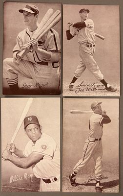 Lot 4 HOF Exhibit Cards Musial Mays Williams Aaron. Great original HOF Exhibit Card lot with 