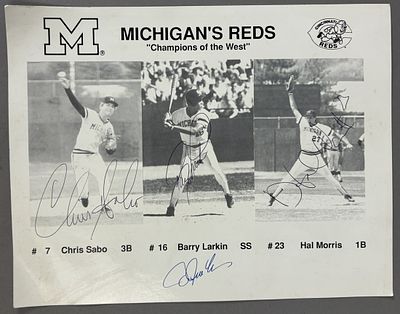 University Michigan Cincinnati Reds Signed Sabo Larkin & Morris. Original signed 8x10 for UofM 