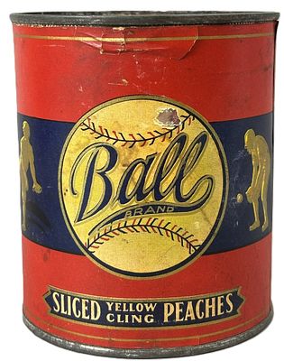Ball Brand Sliced Yellow Cling Peaches Can w/ Baseball Players FM & Co. 4.75" tall x 4" 