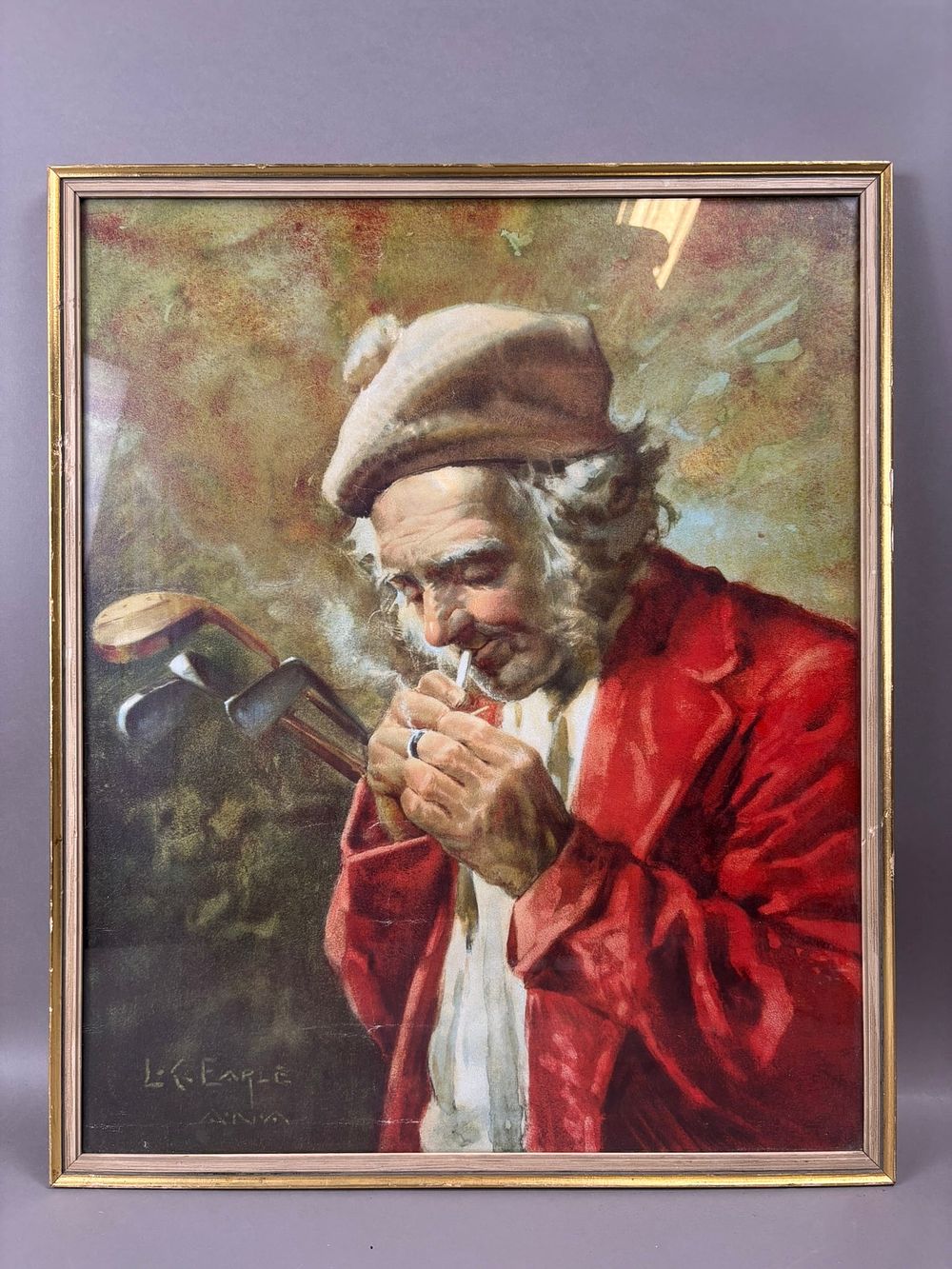 Antique Early 1900s Framed L.K. Earle Smoking Golfer Print. 16.75" x 20.25" - back reads Merry 
