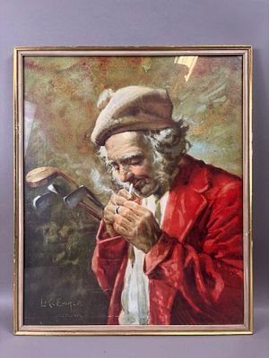 Antique Early 1900s Framed L.K. Earle Smoking Golfer Print. 16.75" x 20.25" - back reads Merry 