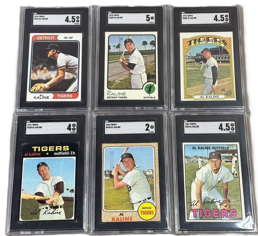 Lot 162: Lot 6 Al Kaline Topps Cards 1967 1968 1971 1972 1973 1974 SGC 2 4 4.5 5